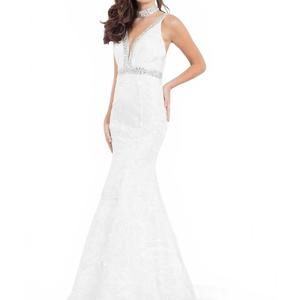 NEW RACHEL ALLAN floral embroidered mermaid gown with rhinestones in white